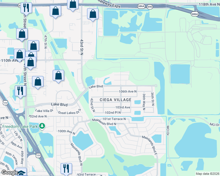 map of restaurants, bars, coffee shops, grocery stores, and more near 4016 Lake Boulevard in Clearwater