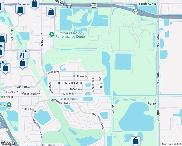 map of restaurants, bars, coffee shops, grocery stores, and more near 3670 Lake Boulevard in Clearwater