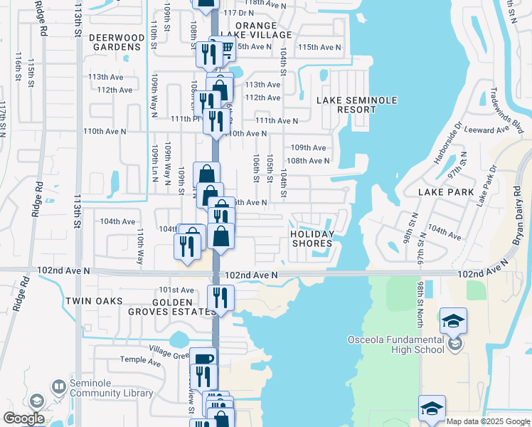 map of restaurants, bars, coffee shops, grocery stores, and more near 10545 Seminole Boulevard in Largo
