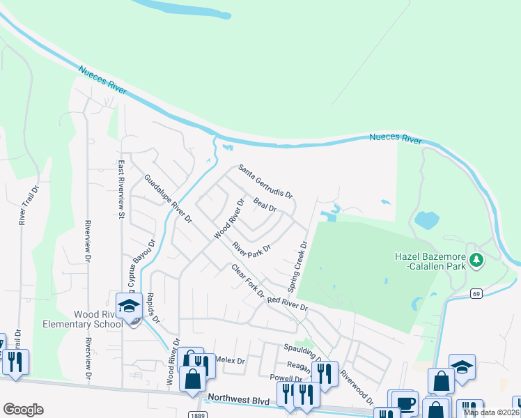 map of restaurants, bars, coffee shops, grocery stores, and more near 4509 Thoreau Circle in Corpus Christi