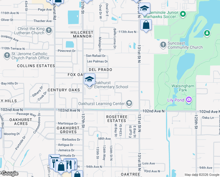 map of restaurants, bars, coffee shops, grocery stores, and more near 13416 105th Avenue North in Largo