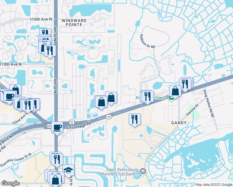 map of restaurants, bars, coffee shops, grocery stores, and more near 10548 Poplar Street Northeast in St. Petersburg
