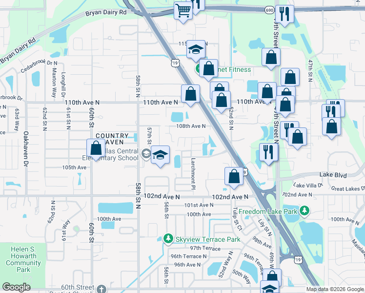 map of restaurants, bars, coffee shops, grocery stores, and more near 10616 Sandalwood Court in Pinellas Park