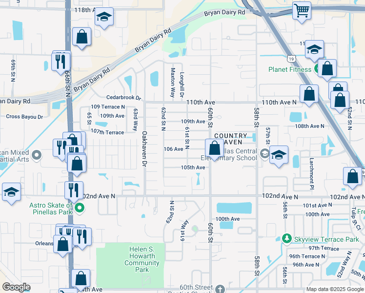 map of restaurants, bars, coffee shops, grocery stores, and more near 6115 106 Avenue in Pinellas Park