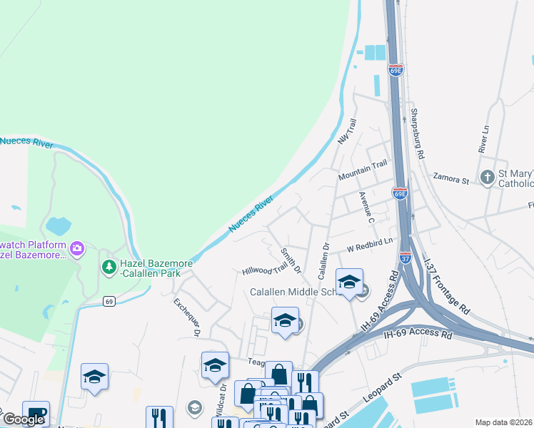 map of restaurants, bars, coffee shops, grocery stores, and more near 13733 River Forest Drive in Corpus Christi