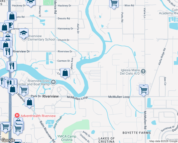 map of restaurants, bars, coffee shops, grocery stores, and more near 840 Riverlawn Park Drive in Riverview