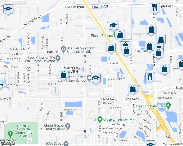 map of restaurants, bars, coffee shops, grocery stores, and more near 10735 57th Street in Pinellas Park