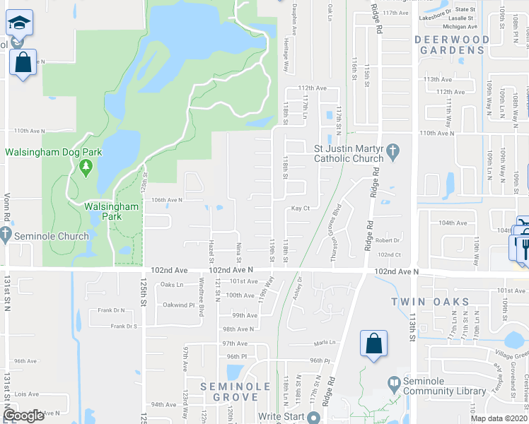 map of restaurants, bars, coffee shops, grocery stores, and more near 11930 105th Avenue North in Largo
