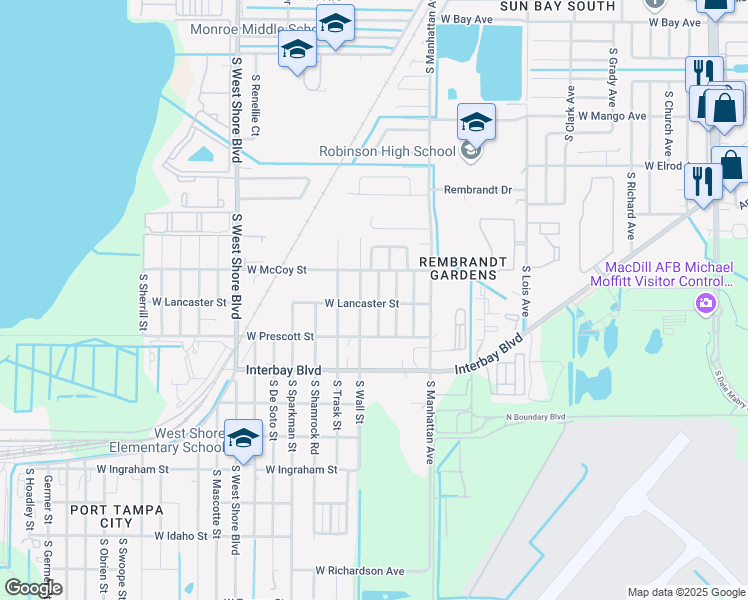 map of restaurants, bars, coffee shops, grocery stores, and more near 6713 South Hesperides Street in Tampa