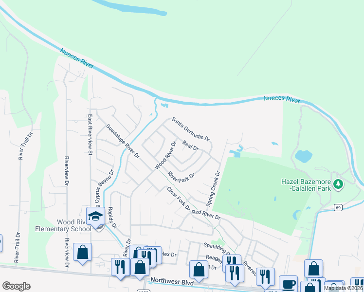 map of restaurants, bars, coffee shops, grocery stores, and more near 4509 Thoreau Circle in Corpus Christi