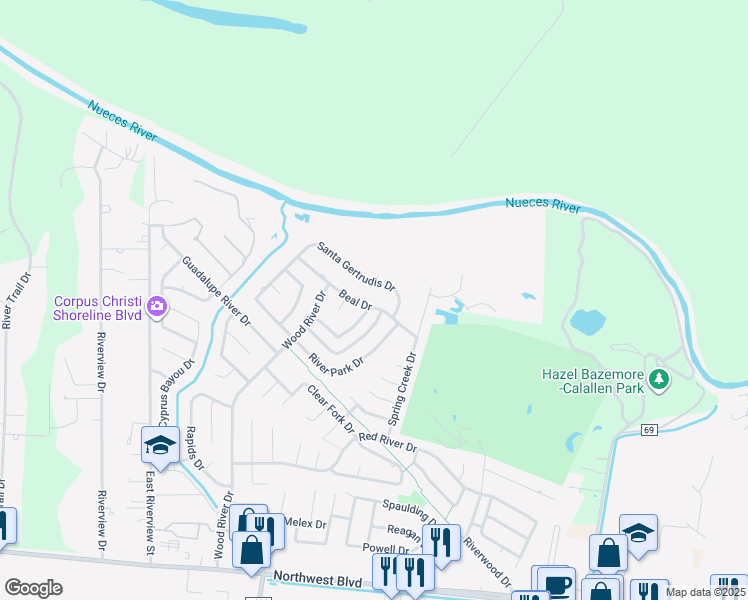 map of restaurants, bars, coffee shops, grocery stores, and more near 14730 Beal Drive in Corpus Christi