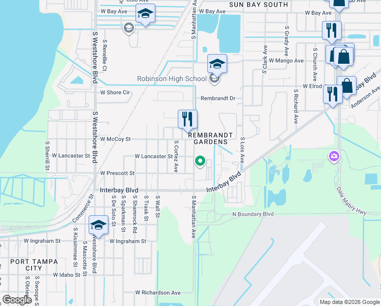 map of restaurants, bars, coffee shops, grocery stores, and more near 6713 South Elemeta Street in Tampa