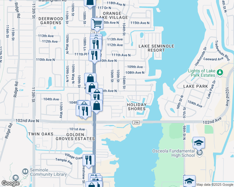 map of restaurants, bars, coffee shops, grocery stores, and more near 10436 106th Avenue North in Largo