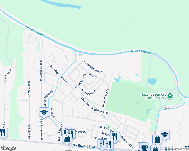 map of restaurants, bars, coffee shops, grocery stores, and more near 14730 Beal Drive in Corpus Christi