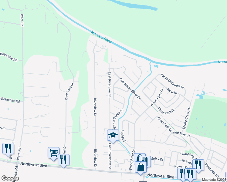 map of restaurants, bars, coffee shops, grocery stores, and more near Ballad Tree Drive in Corpus Christi