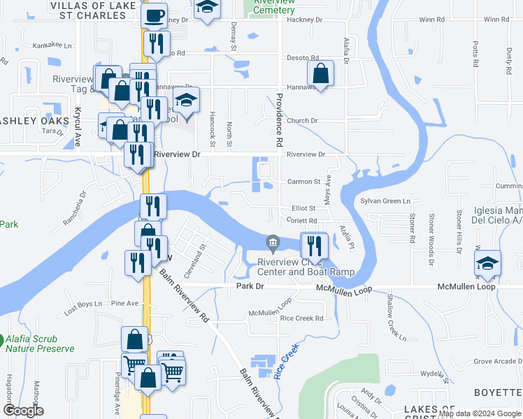 map of restaurants, bars, coffee shops, grocery stores, and more near in Riverview