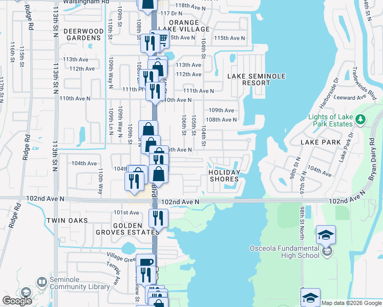 map of restaurants, bars, coffee shops, grocery stores, and more near 10436 106th Avenue North in Largo
