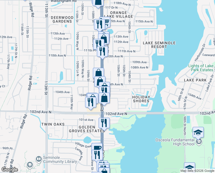 map of restaurants, bars, coffee shops, grocery stores, and more near 10589 Seminole Boulevard in Largo
