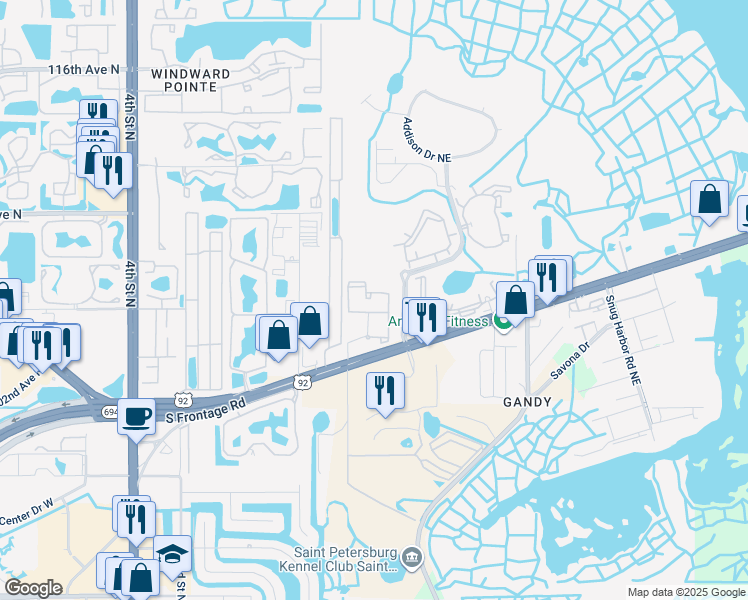 map of restaurants, bars, coffee shops, grocery stores, and more near 10551 Walnut Street Northeast in St. Petersburg
