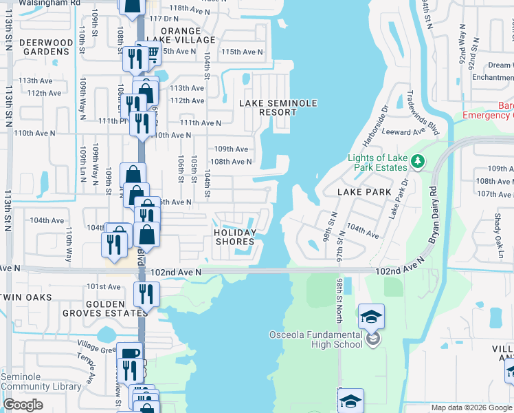 map of restaurants, bars, coffee shops, grocery stores, and more near 10184 106th Avenue North in Largo