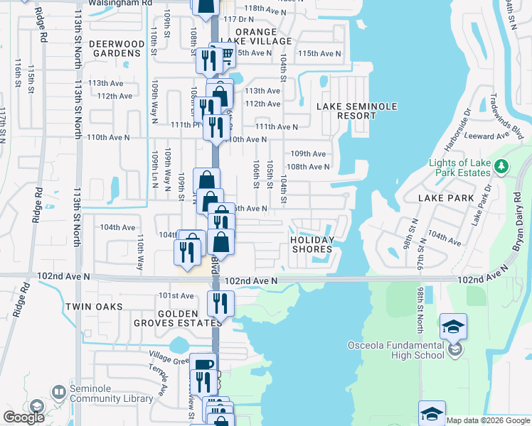 map of restaurants, bars, coffee shops, grocery stores, and more near 10464 106th Avenue North in Largo