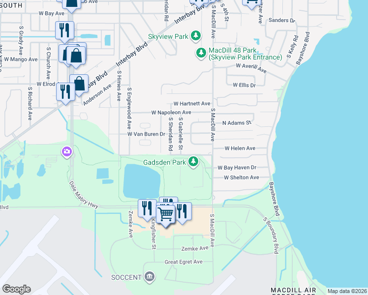 map of restaurants, bars, coffee shops, grocery stores, and more near 6817 South Gabrielle Street in Tampa