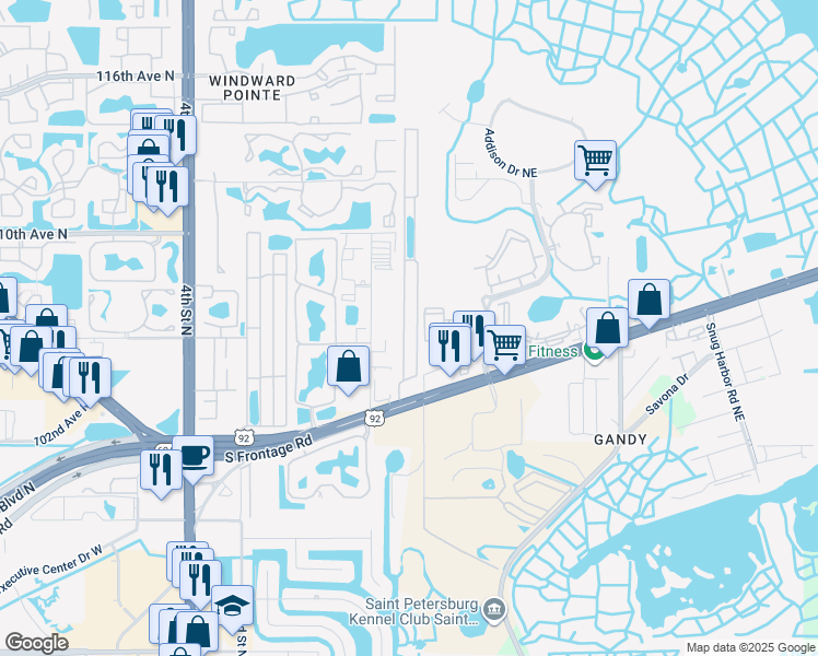 map of restaurants, bars, coffee shops, grocery stores, and more near 10548 Poplar Street Northeast in St. Petersburg