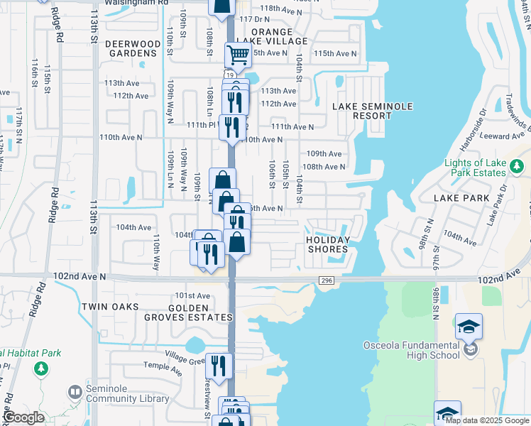 map of restaurants, bars, coffee shops, grocery stores, and more near 10546 106th Avenue North in Largo