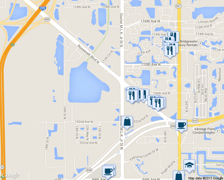 map of restaurants, bars, coffee shops, grocery stores, and more near 10560 Drive Martin Luther King Junior Street North in Saint Petersburg