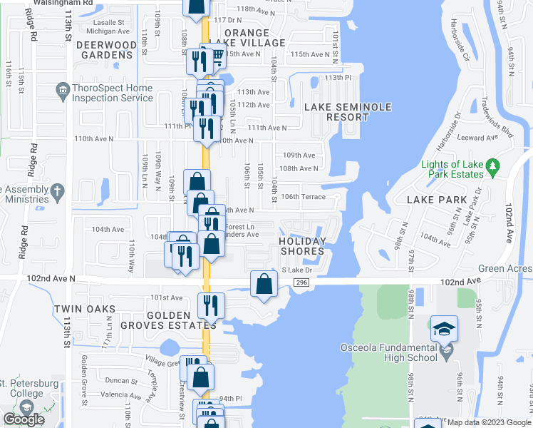 map of restaurants, bars, coffee shops, grocery stores, and more near 10436 106th Avenue North in Largo