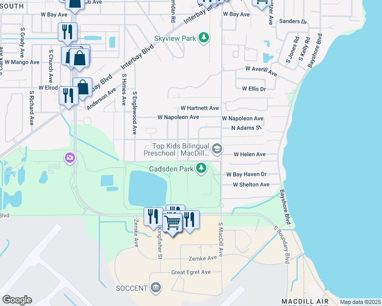 map of restaurants, bars, coffee shops, grocery stores, and more near 6817 South Gabrielle Street in Tampa
