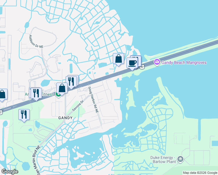 map of restaurants, bars, coffee shops, grocery stores, and more near 11351 San Fernando Drive Northeast in St. Petersburg