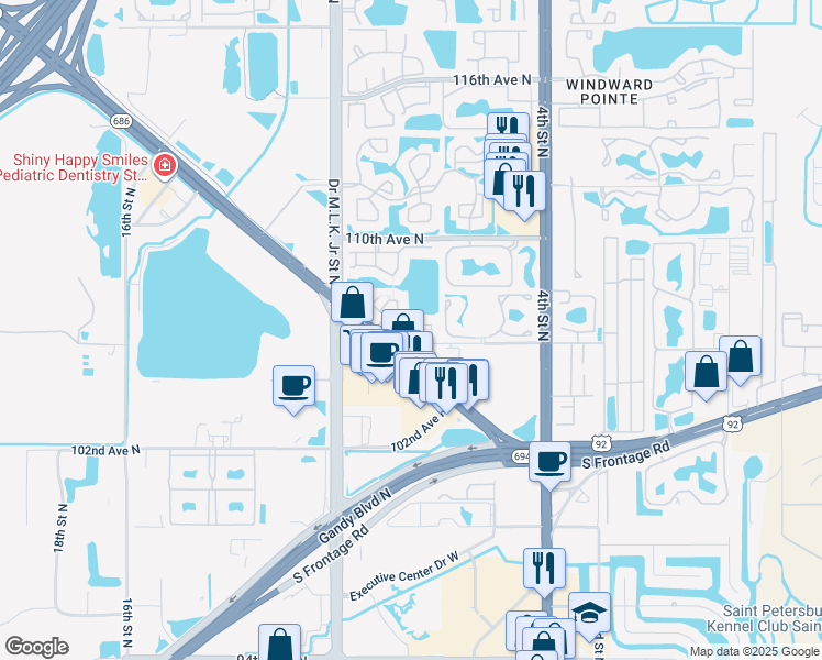 map of restaurants, bars, coffee shops, grocery stores, and more near 760 South Village Drive in St. Petersburg