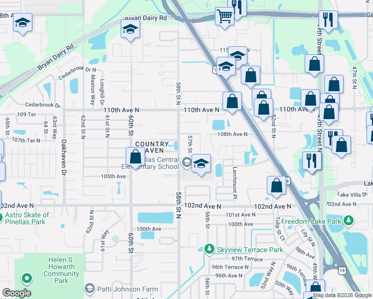 map of restaurants, bars, coffee shops, grocery stores, and more near 10735 57th Street in Pinellas Park