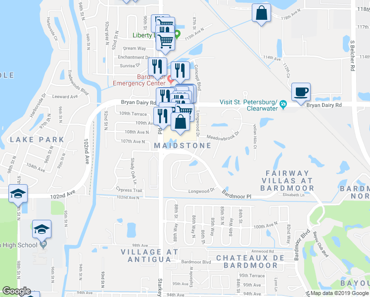 map of restaurants, bars, coffee shops, grocery stores, and more near 8727 Bardmoor Place in Largo