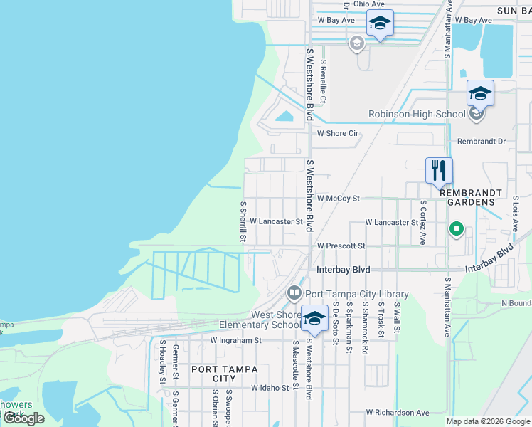 map of restaurants, bars, coffee shops, grocery stores, and more near 6802 South Juanita Street in Tampa