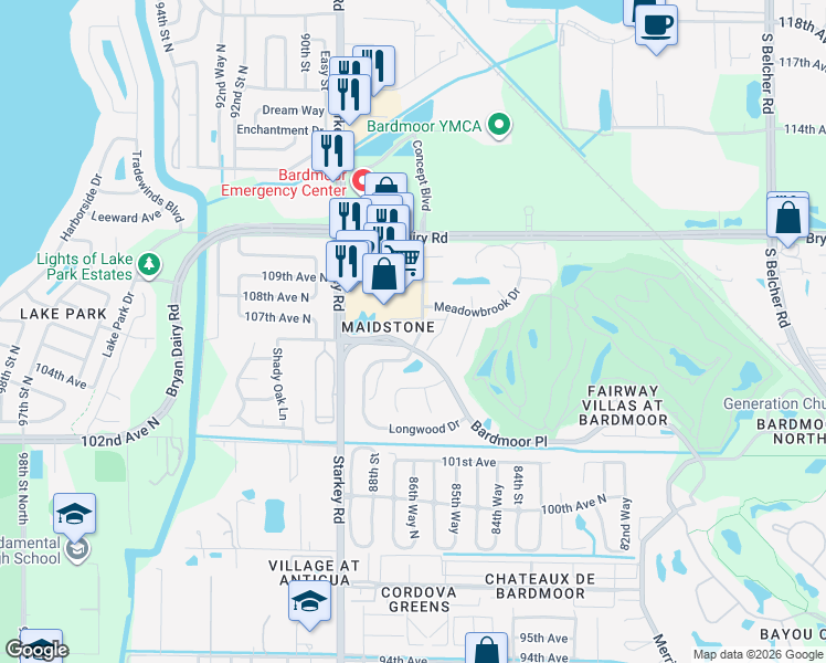 map of restaurants, bars, coffee shops, grocery stores, and more near 10606 Longwood Drive in Seminole