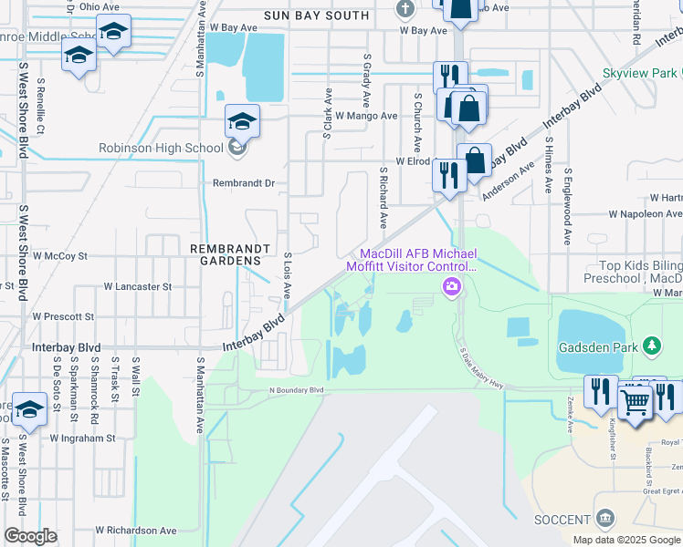 map of restaurants, bars, coffee shops, grocery stores, and more near 7001 Interbay Boulevard in Tampa