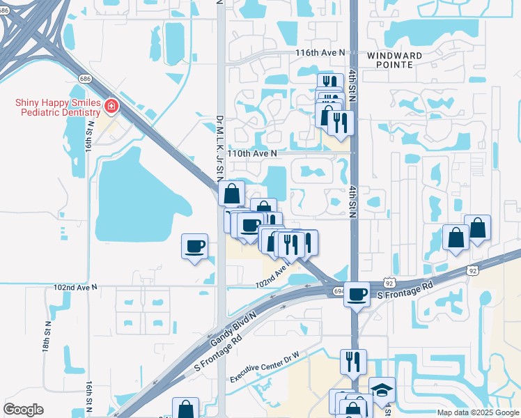 map of restaurants, bars, coffee shops, grocery stores, and more near 760 South Village Drive in St. Petersburg