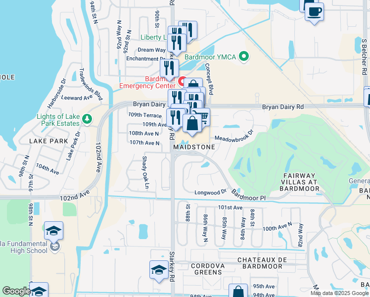 map of restaurants, bars, coffee shops, grocery stores, and more near 10480 Longwood Drive in Largo
