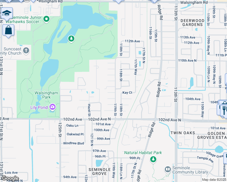 map of restaurants, bars, coffee shops, grocery stores, and more near 11915 105th Avenue North in Largo