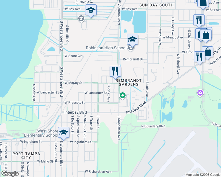 map of restaurants, bars, coffee shops, grocery stores, and more near 6713 South Elemeta Street in Tampa