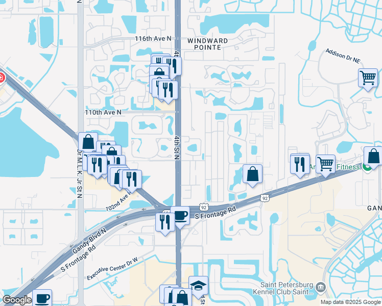 map of restaurants, bars, coffee shops, grocery stores, and more near 10620 3rd Street North in Saint Petersburg