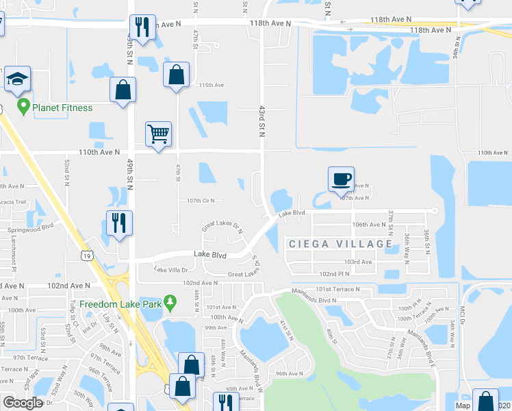 map of restaurants, bars, coffee shops, grocery stores, and more near 4301 106th Drive North in Clearwater