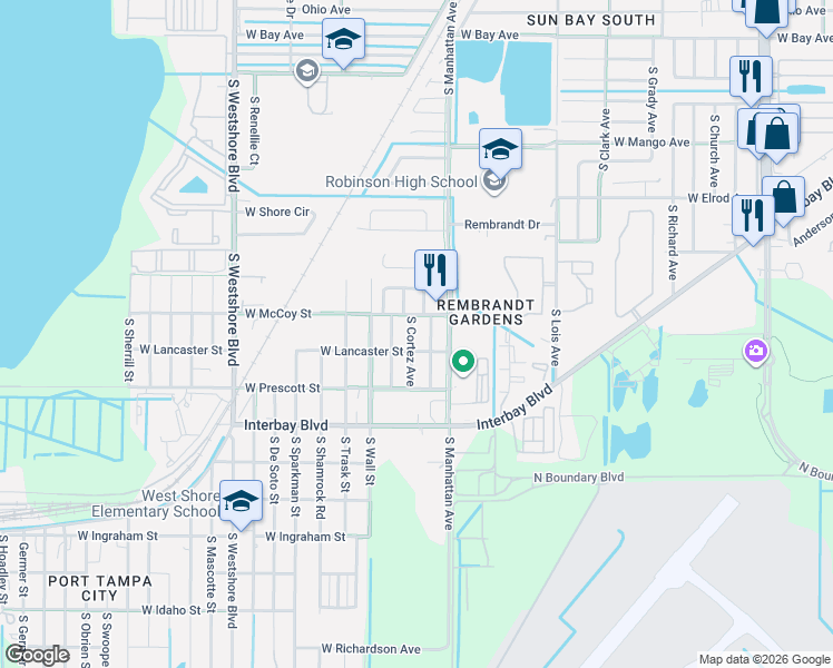 map of restaurants, bars, coffee shops, grocery stores, and more near 6710 South Cortez Avenue in Tampa
