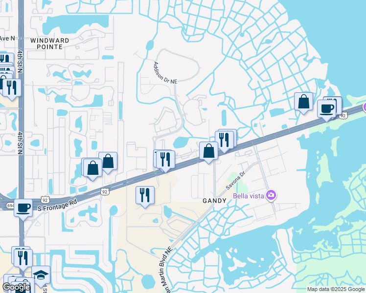 map of restaurants, bars, coffee shops, grocery stores, and more near 10601 Gandy Boulevard North in St. Petersburg