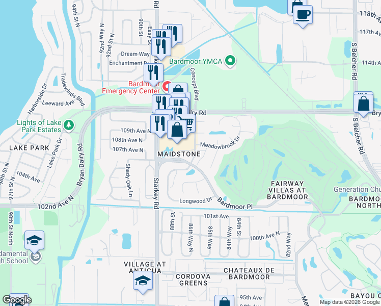 map of restaurants, bars, coffee shops, grocery stores, and more near 10626 Longwood Drive in Seminole