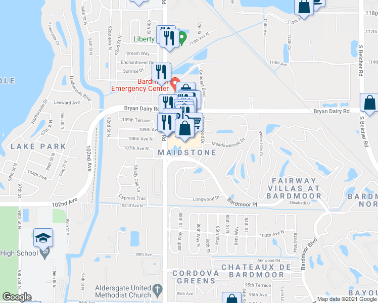 map of restaurants, bars, coffee shops, grocery stores, and more near 10480 Longwood Drive in Largo
