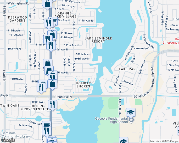 map of restaurants, bars, coffee shops, grocery stores, and more near 10257 North Lake Drive in Largo