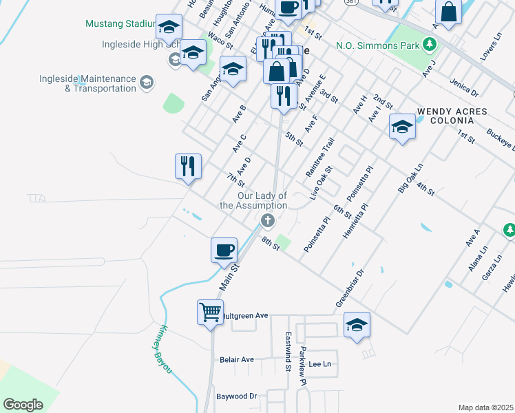 map of restaurants, bars, coffee shops, grocery stores, and more near 2417 South Main Street in Ingleside